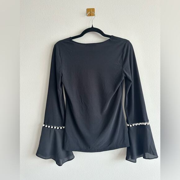 INC Black Bell Sleeve Top with Pearl Trim – Sheer Cuffs, Soft Knit Size S - Picture 5 of 6